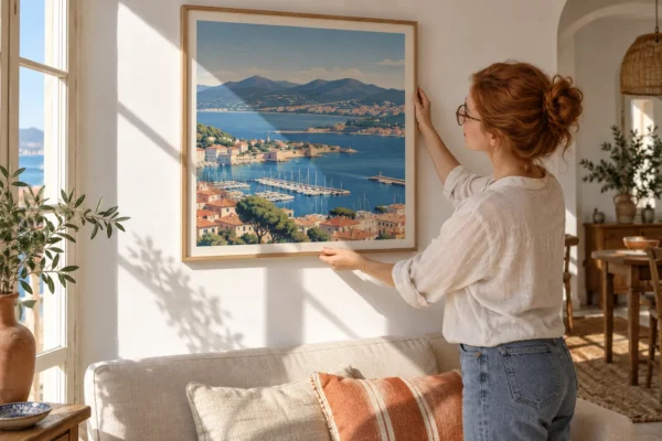 Une femme ajuste une grande affiche représentant une mer et un paysage méditerranéen au-dessus d'un canapé dans un salon