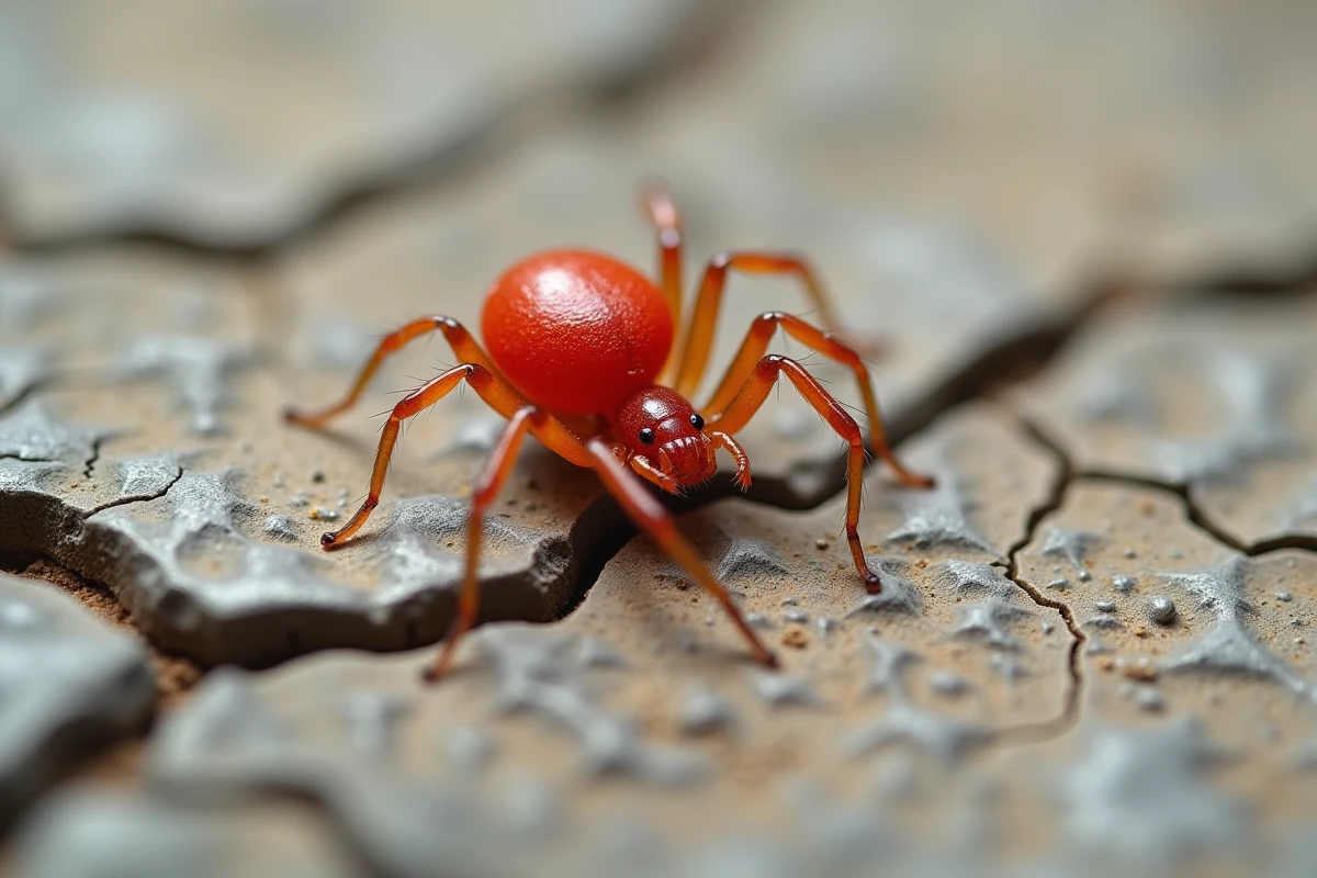 Gros plan extrême d'un acarien rouge sur un mur de béton fissuré, détails veloutés visibles sur son abdomen arrondi