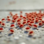 Petits acariens rouges veloutés grimpant sur une surface de béton gris chauffée au soleil, vue macro rapprochée