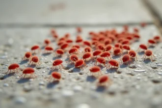 Petits acariens rouges veloutés grimpant sur une surface de béton gris chauffée au soleil, vue macro rapprochée