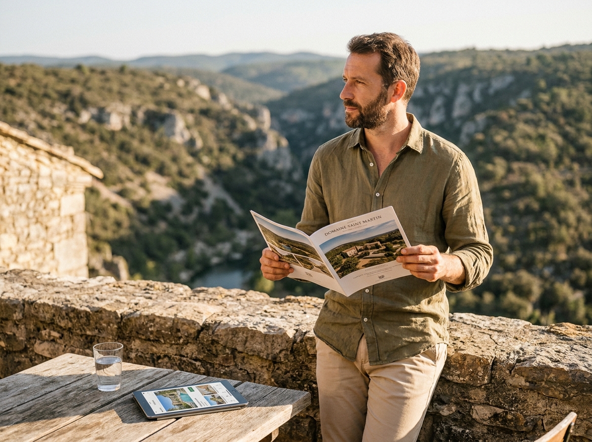 Futur acquéreur consultant une brochure immobilière sur une terrasse avec vue sur les gorges de l'Hérault près de Saint-Bauzille-de-Putois