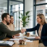 Agente immobilière de l'agence ARE Immo signant un contrat d'achat immobilier avec un couple à Saint-Bauzille-de-Putois