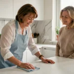 Aide ménagère essuyant un plan de travail dans une cuisine moderne, observée par la cliente à domicile