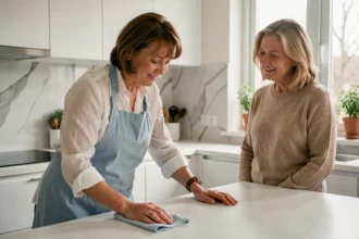 Aide ménagère essuyant un plan de travail dans une cuisine moderne, observée par la cliente à domicile