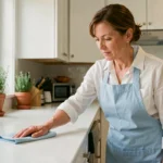 Aide ménagère professionnelle nettoyant un plan de cuisine moderne avec soin