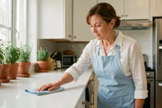 Aide ménagère professionnelle nettoyant un plan de cuisine moderne avec soin