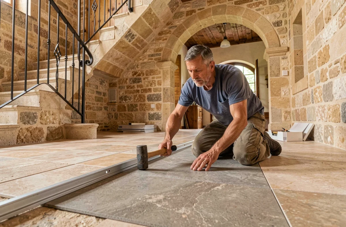 Carreleur AMB Concept posant du carrelage en pierre naturelle dans une maison de caractère près d'Uzès