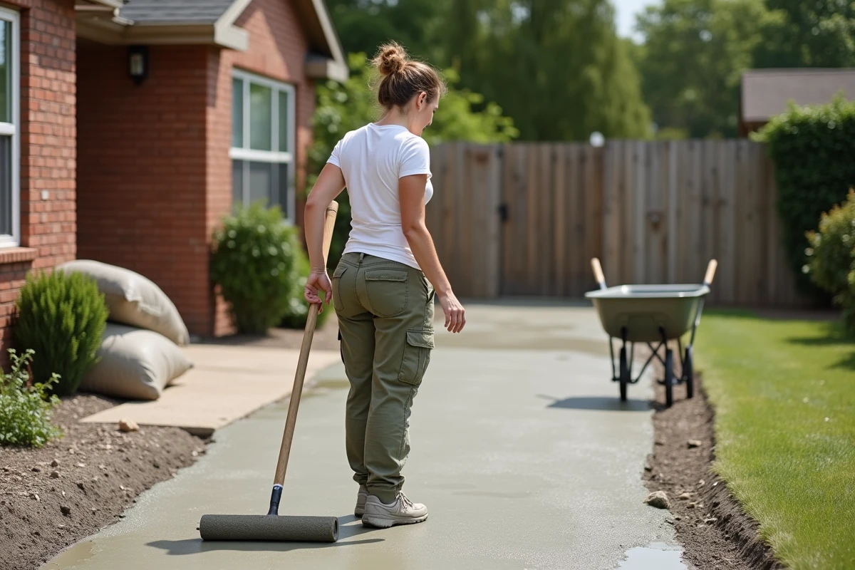 Femme lissant une allée en béton fraîchement coulée devant une maison avec brouette et matériaux de construction