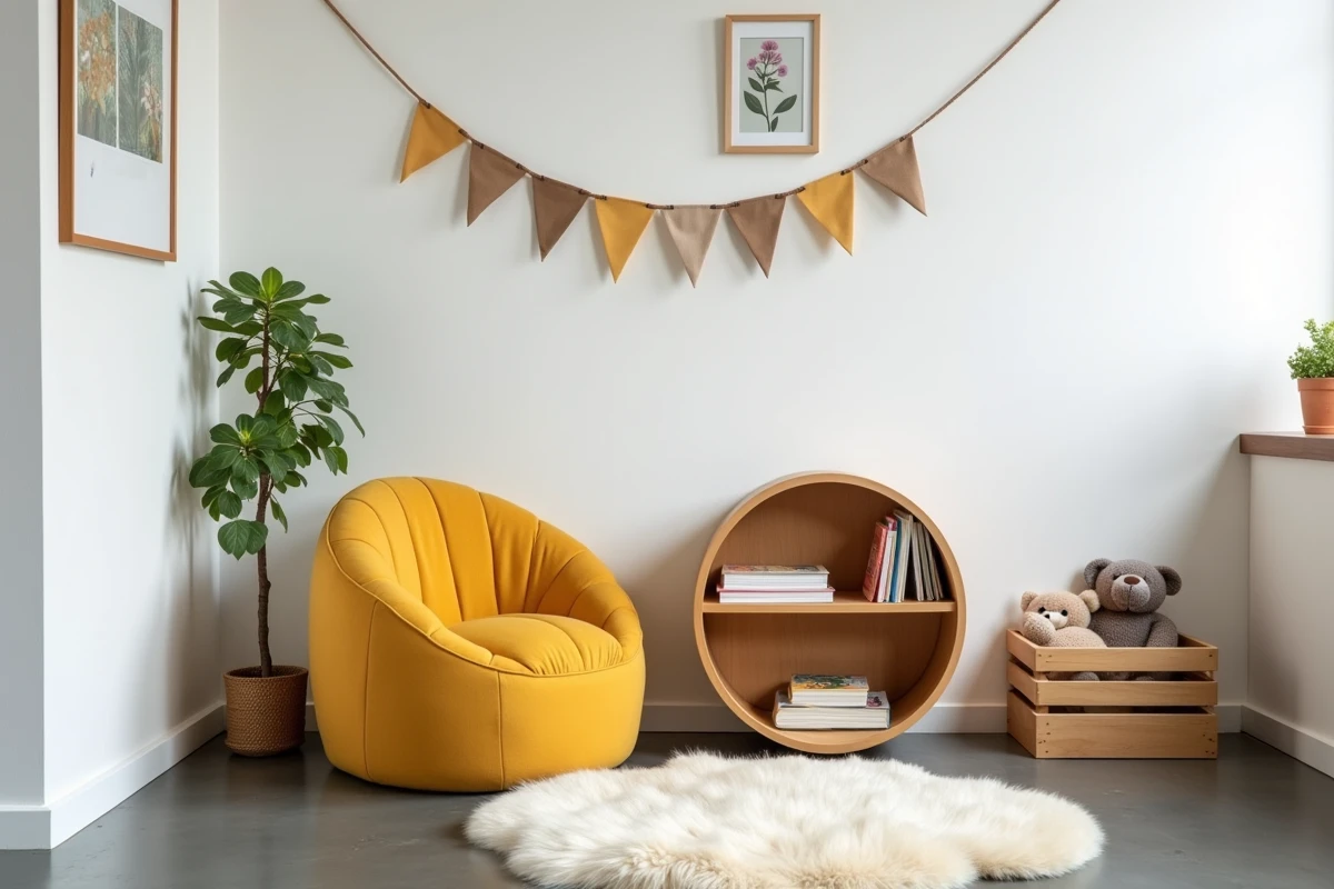Coin lecture aménagé dans un appartement avec fauteuil sol jaune moutarde, étagère arbre en bois et tapis peau de mouton