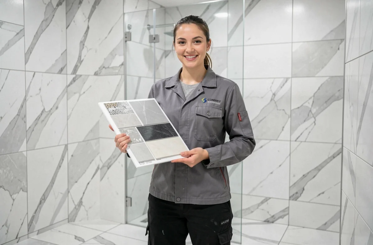 Spécialiste d'Amy Carrelage présentant des échantillons dans une salle de bain moderne entièrement carrelée