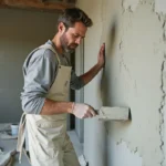 Plâtrier appliquant un enduit map sur un mur en béton brut lors d'une rénovation intérieure