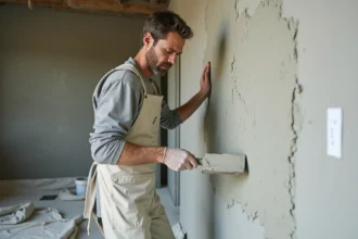 Plâtrier appliquant un enduit map sur un mur en béton brut lors d'une rénovation intérieure