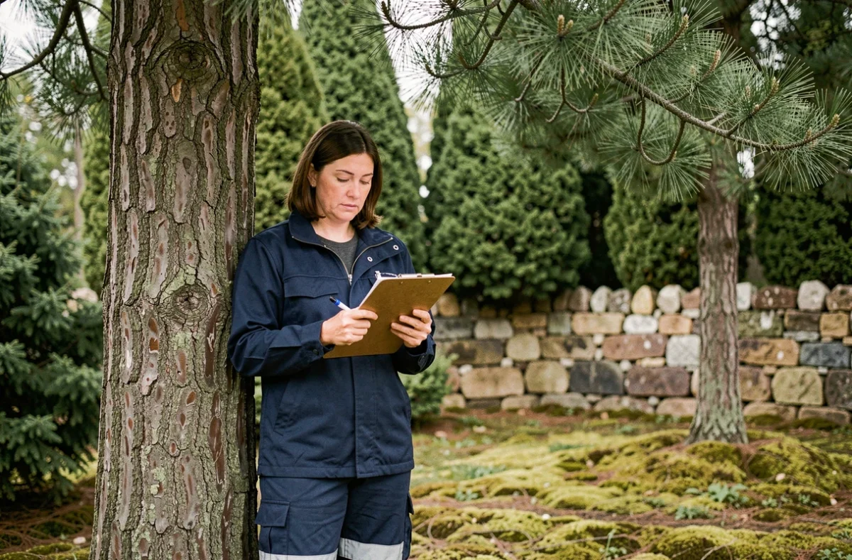 Arboriste certifiée consultant un devis d'élagage au pied d'un grand pin dans un jardin privé