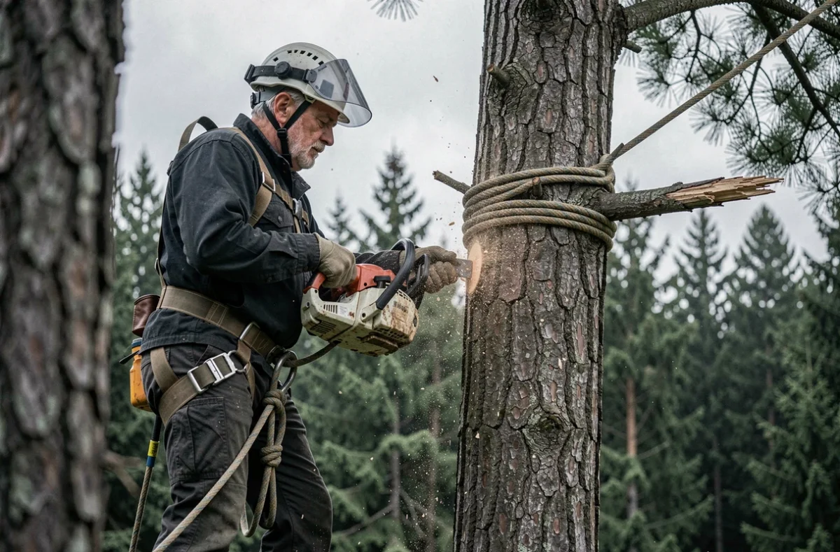 Arboriste grimpeur fixé à un pin avec un système de corde, utilisant une tronçonneuse compacte pour retirer une branche morte en forêt