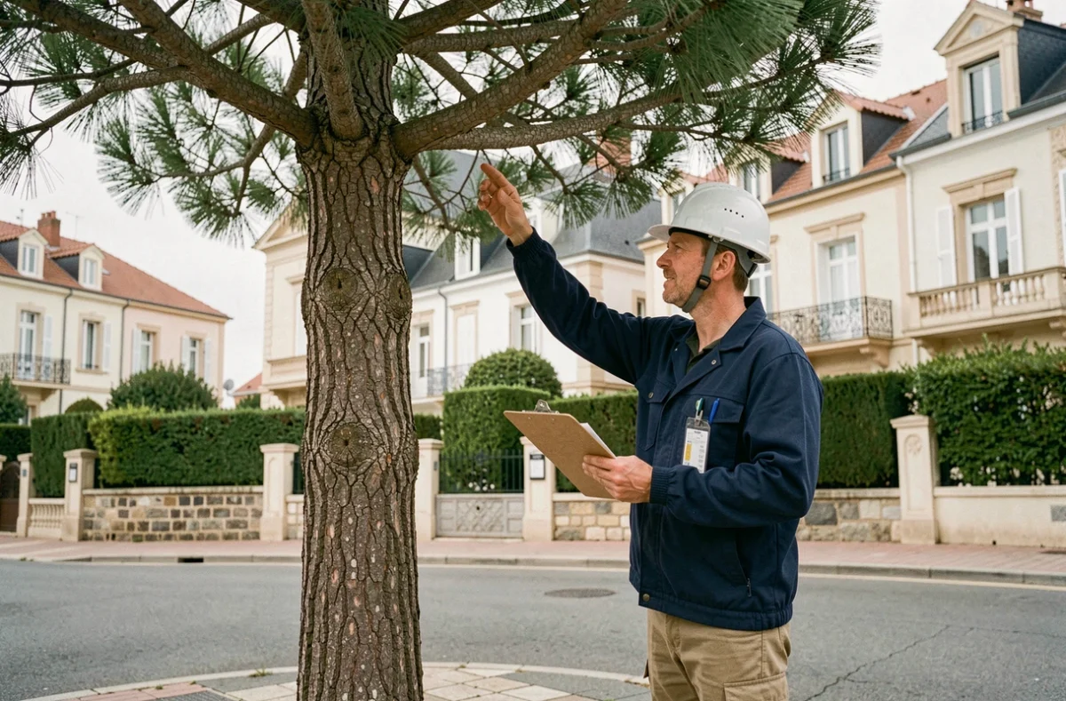 Arboriste professionnel inspectant un pin maritime avant élagage dans une rue de Royan