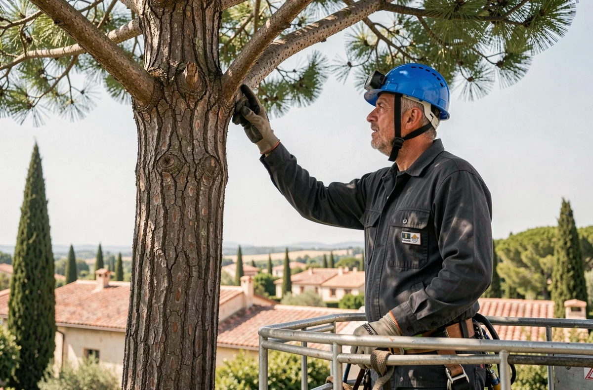 Arboriste sur nacelle inspectant la couronne d'un pin maritime dans un jardin provençal