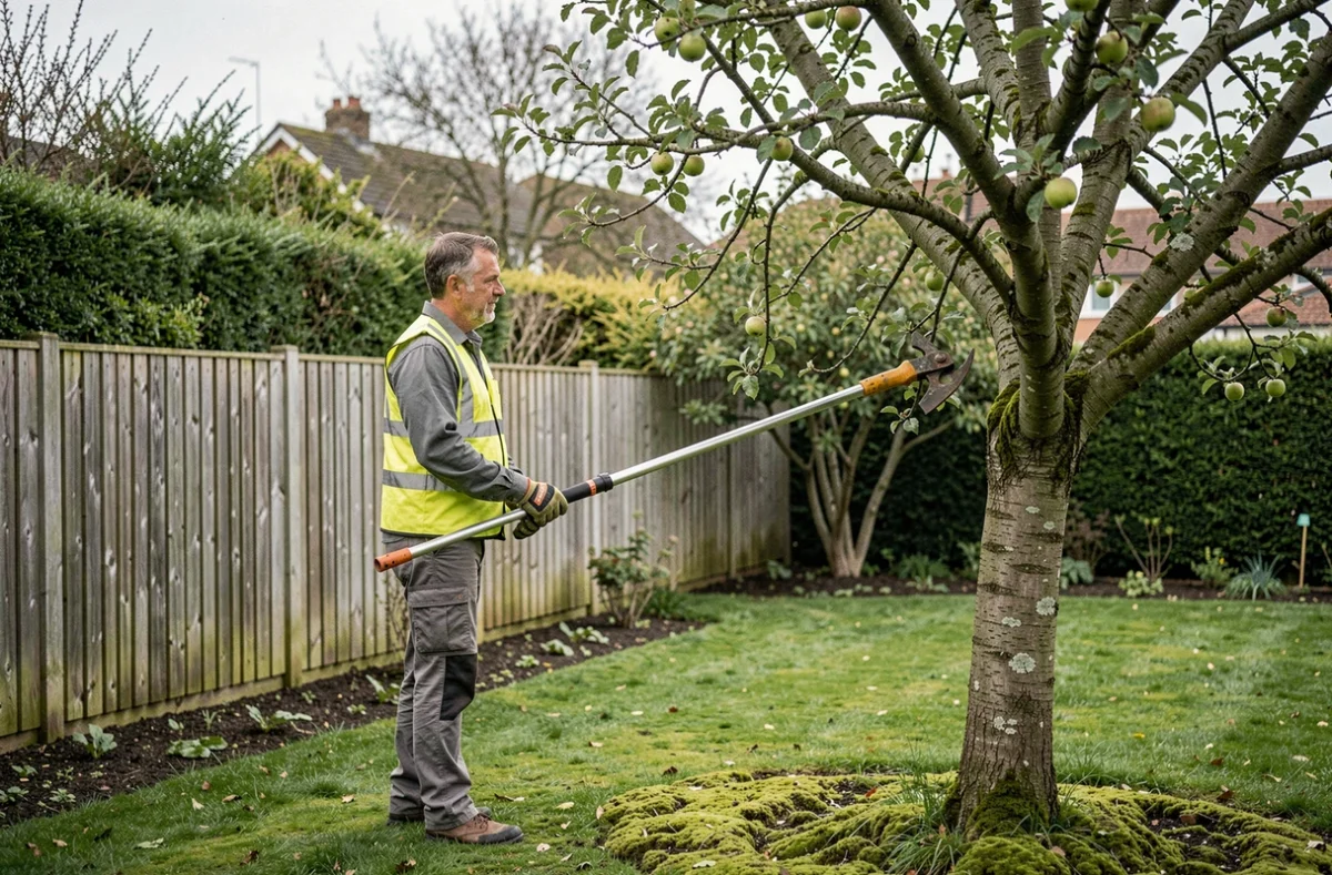 Arboriste utilisant un émondoir à perche pour tailler un arbre fruitier dans un jardin privatif