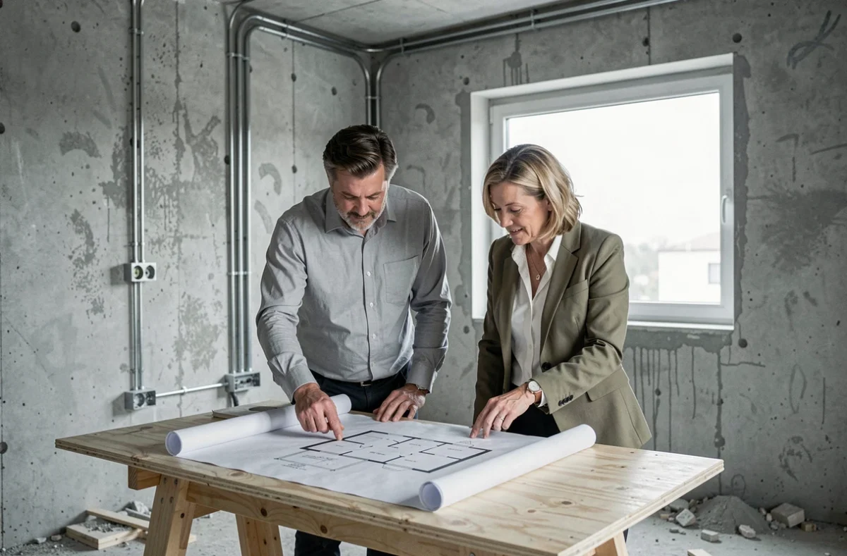 Architecte et cheffe de projet discutant d'un plan de rénovation dans un appartement en chantier avec murs en béton brut