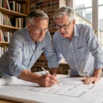 Architecte examinant des plans de maison picarde sur mesure dans un bureau professionnel avec des blueprints détaillés