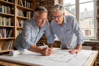 Architecte examinant des plans de maison picarde sur mesure dans un bureau professionnel avec des blueprints détaillés