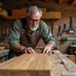 Artisan ébéniste inspectant une planche de bois exotique gauchie dans un atelier de menuiserie traditionnel
