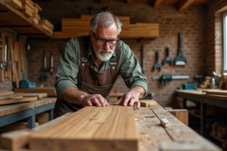 Artisan ébéniste inspectant une planche de bois exotique gauchie dans un atelier de menuiserie traditionnel