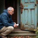 Artisan expert inspectant une porte d'entrée en bois abîmée avec peinture écaillée et gonds rouillés sur façade en pierre