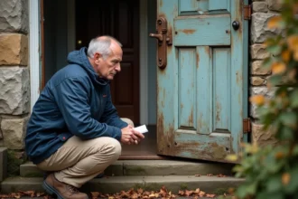Artisan expert inspectant une porte d'entrée en bois abîmée avec peinture écaillée et gonds rouillés sur façade en pierre