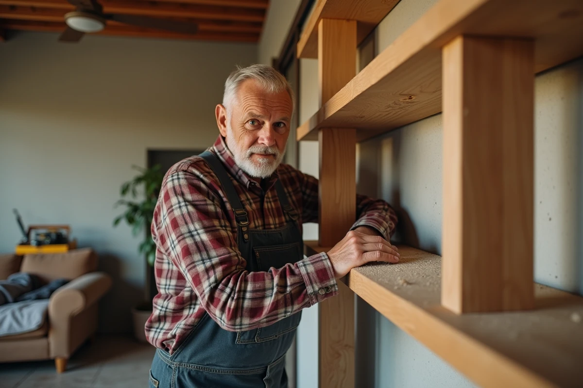 Artisan posant des étagères en bois dans un salon chaleureux
