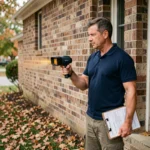 Auditeur énergétique professionnel réalisant un bilan thermique sur la façade d'une maison individuelle avec une caméra infrarouge