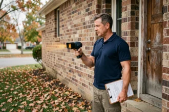 Auditeur énergétique professionnel réalisant un bilan thermique sur la façade d'une maison individuelle avec une caméra infrarouge