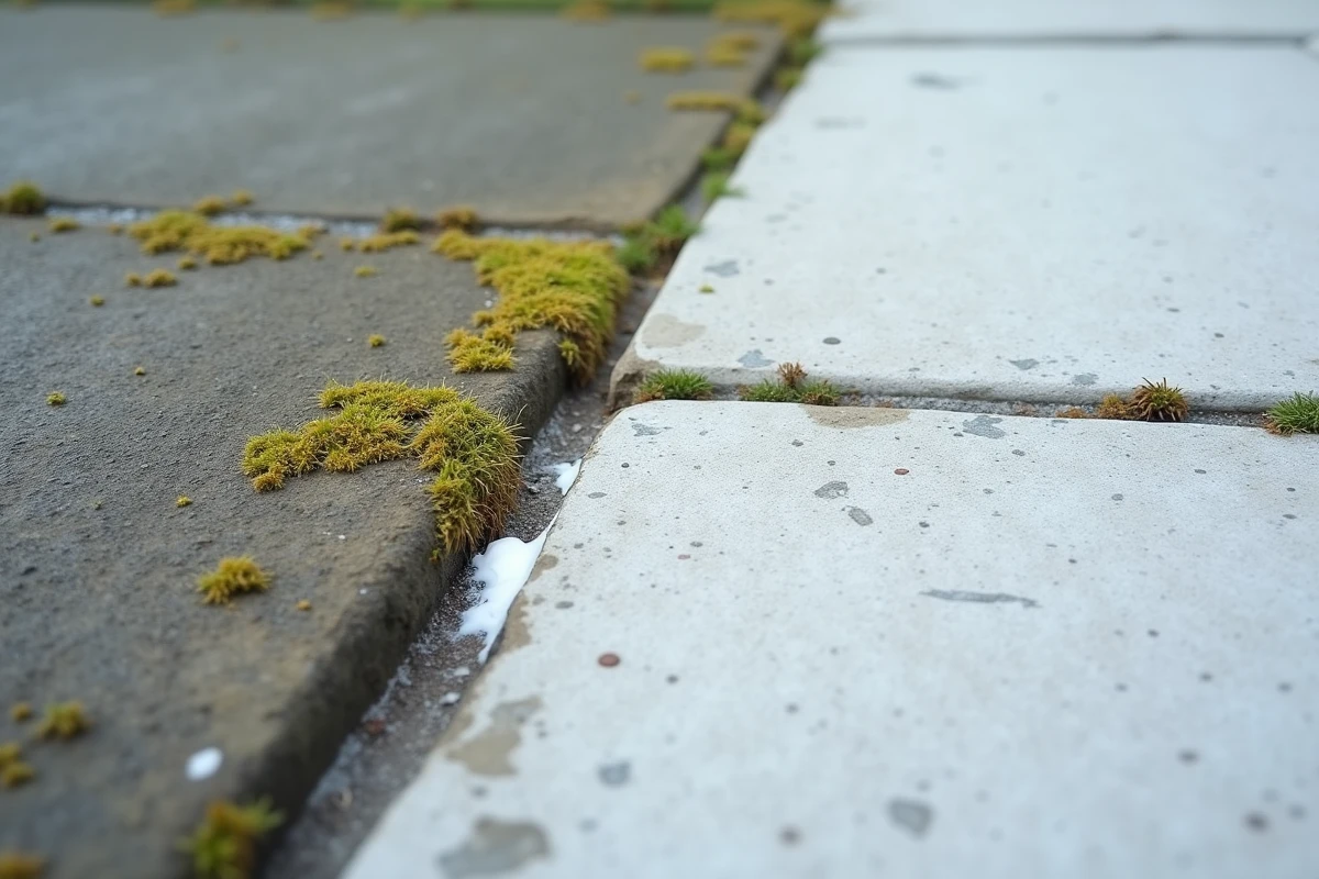 Comparaison avant après nettoyage d'une dalle de terrasse avec le produit Jnet Gros Travaux