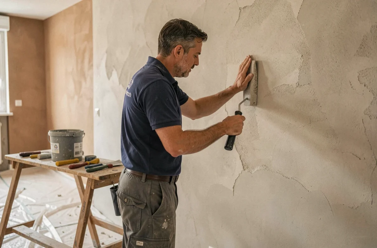 Artisan appliquant de l'enduit intérieur dans un appartement rénové à Montauban pour Avenir Rénovations
