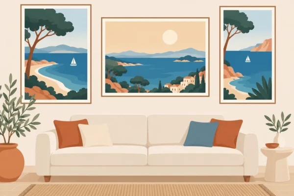 Trois tableaux style paysage méditerranéen accrochés au-dessus d’un canapé beige dans un salon lumineux.