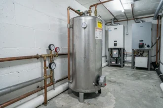 Ballon tampon en acier inoxydable installé dans une chaufferie résidentielle avec tuyauterie en cuivre et vannes apparentes