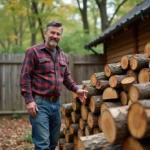 Homme d'âge moyen empilant du bois dans un jardin rustique