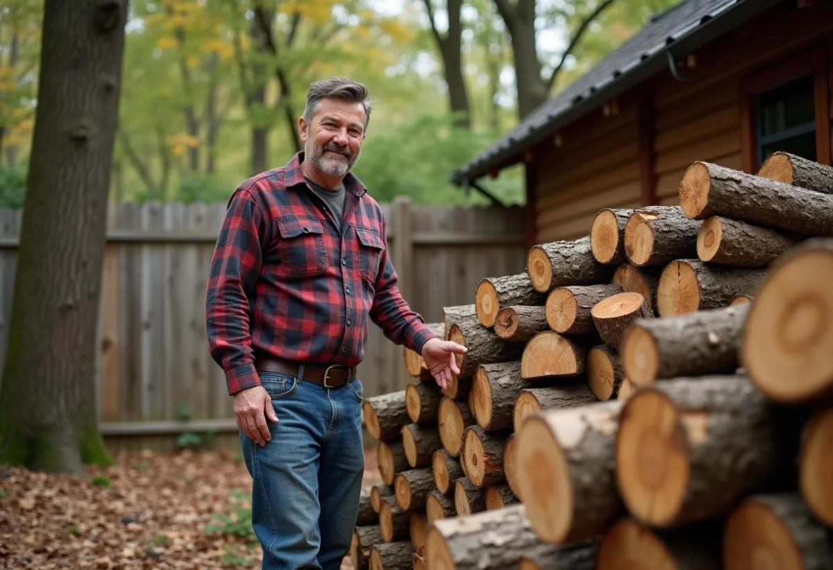 Homme d'âge moyen empilant du bois dans un jardin rustique