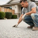 Allée en béton désactivé avec gravillons apparents devant une maison moderne, artisan examinant la surface