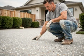 Allée en béton désactivé avec gravillons apparents devant une maison moderne, artisan examinant la surface