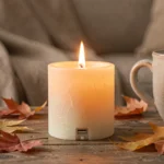 Bougie LED en cire rechargeable posée sur une table en bois rustique dans un salon cosy, entourée de feuilles d'automne et d'une tasse en céramique