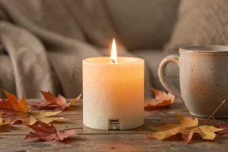 Bougie LED en cire rechargeable posée sur une table en bois rustique dans un salon cosy, entourée de feuilles d'automne et d'une tasse en céramique