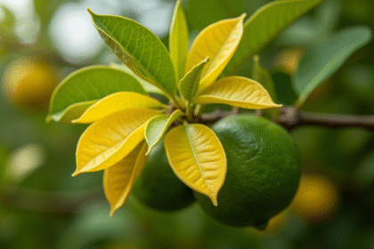 Raisin de branche de citronnier avec feuilles jaunies et citrons verts en arrière-plan
