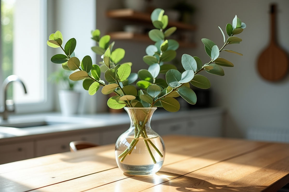Branches d eucalyptus fraîches dans un vase sur table en bois