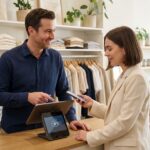 Homme commerçant souriant expliquant paiement digital à une cliente