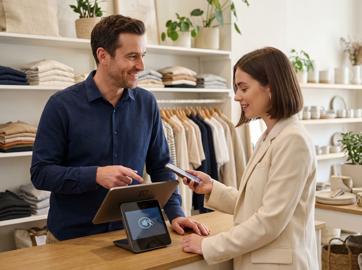 Homme commerçant souriant expliquant paiement digital à une cliente