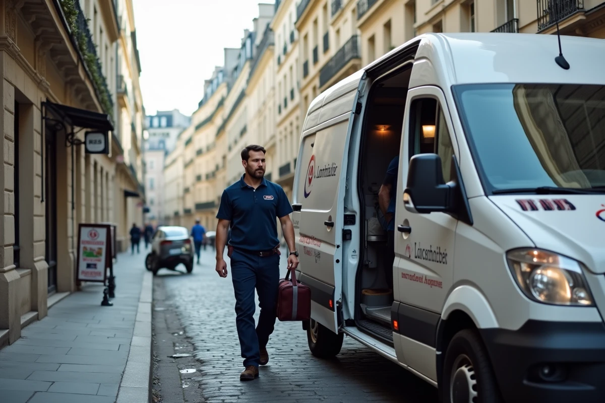 Camionnette d'un service serrurier agréé assurance garée dans une rue pavée de Paris avec technicien en intervention