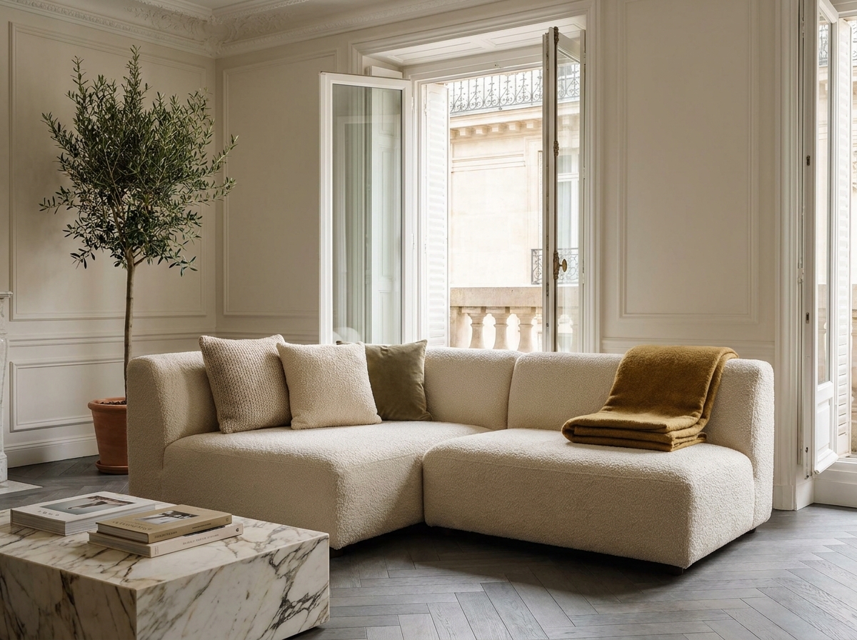 Canapé d'angle en bouclé crème élégamment stylisé dans un salon parisien avec parquet en chevrons