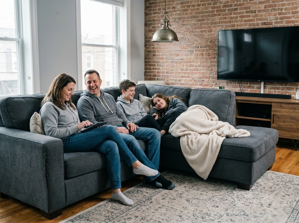 Famille réunie sur un grand canapé d'angle gris dans un salon chaleureux avec mur en brique
