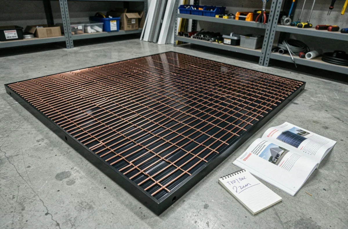 Gros plan sur un capteur solaire thermique et une estimation de prix en atelier