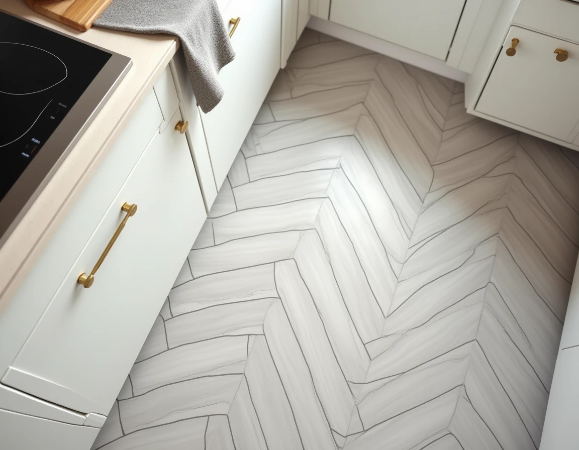 Sol en carrelage chevron gris poli dans une cuisine moderne avec effet d'agrandissement visuel de la pièce